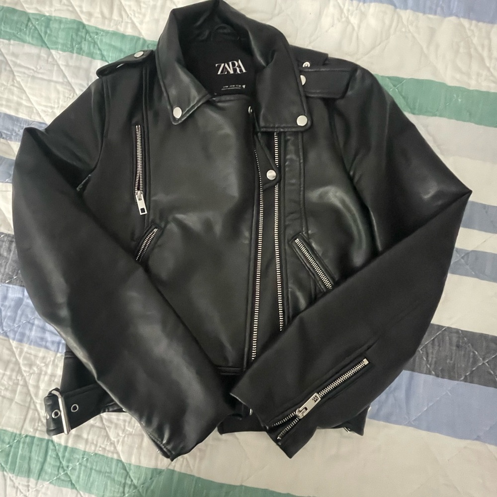 Medium black faux leather biker jacket from Zara